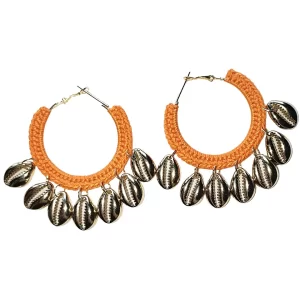 Handmade-Crochet-Orange-Hoop-Earring-with-Shell-Charms-in-India