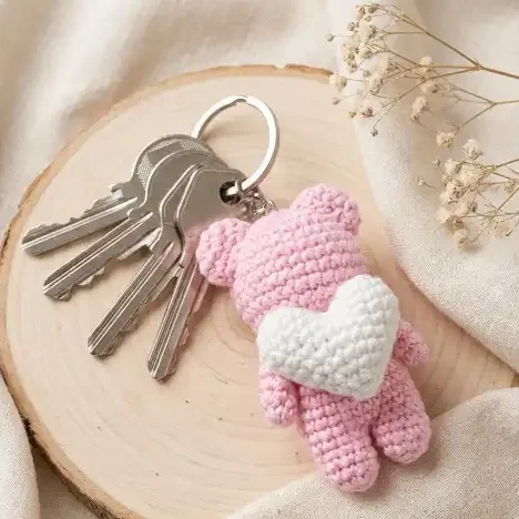 Crochet Pink Bear Keychain with Keys Crochet Pink Bear Keychain with Keys