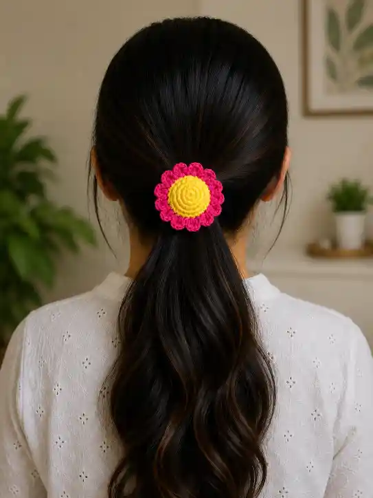 demonstration of pink daisy crochet hair tie demonstration of pink daisy crochet hair tie