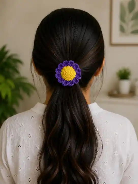 demonstration of purple daisy crochet hair tie demonstration of purple daisy crochet hair tie