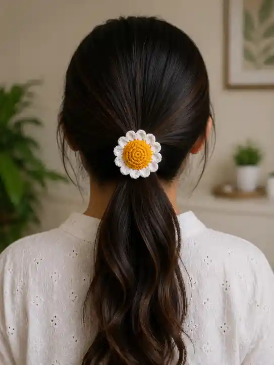 demonstration of white daisy crochet hair tie demonstration of white daisy crochet hair tie