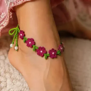 pink flower crochet anklet