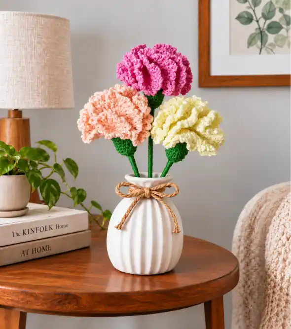 crocheted carnation bouquet on a cozy table crocheted carnation bouquet on a cozy table