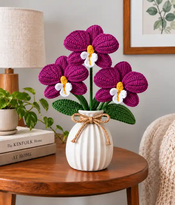 crocheted magenta orchid tabletop vignette crocheted magenta orchid tabletop vignette